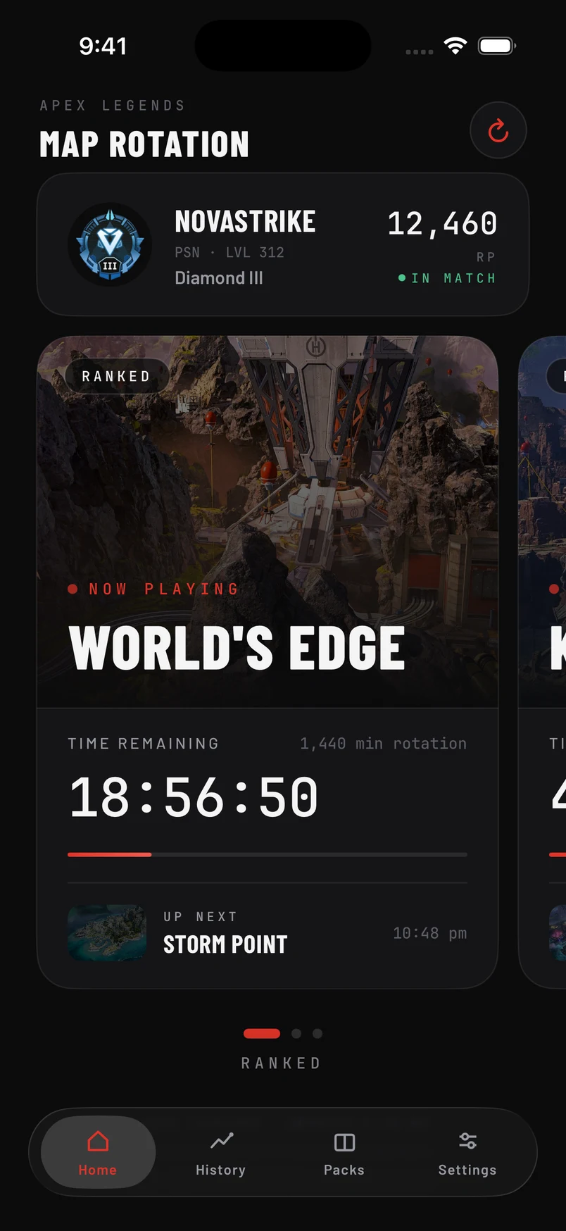 Wingman's map rotation screen showing the current map, countdown and next map.