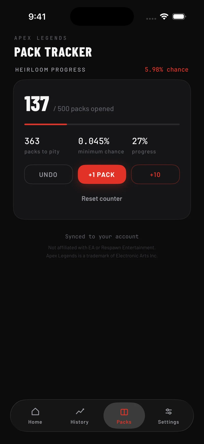 Wingman's pack tracker showing packs logged, progress, packs remaining and the add-pack controls.